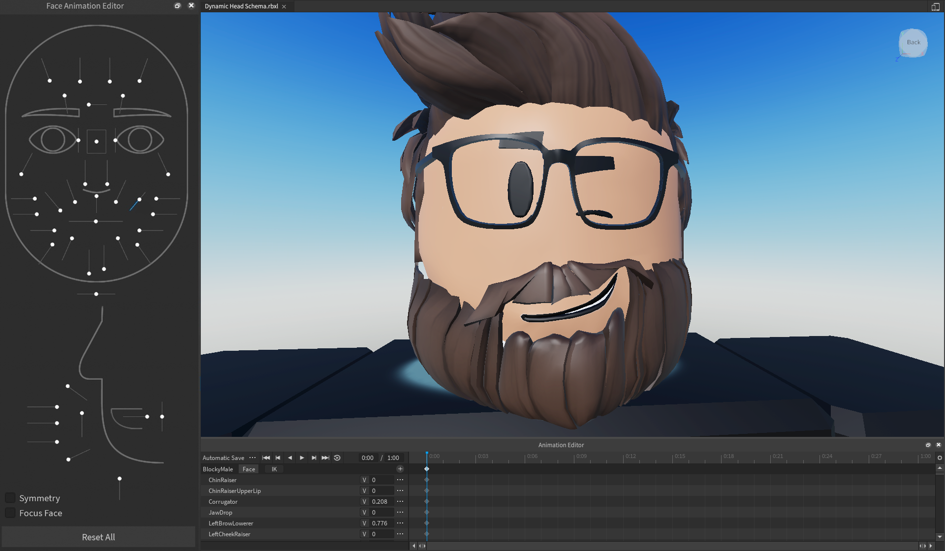 A view of Studio where the Face Animation Editor, Animation Editor, and viewport are visible. The viewport shows a close up view of a blocky male avatar blinking with his left eye.