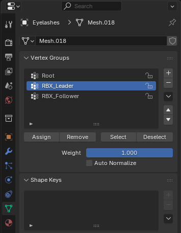 Screenshot of properties panel with vertex group assignments
