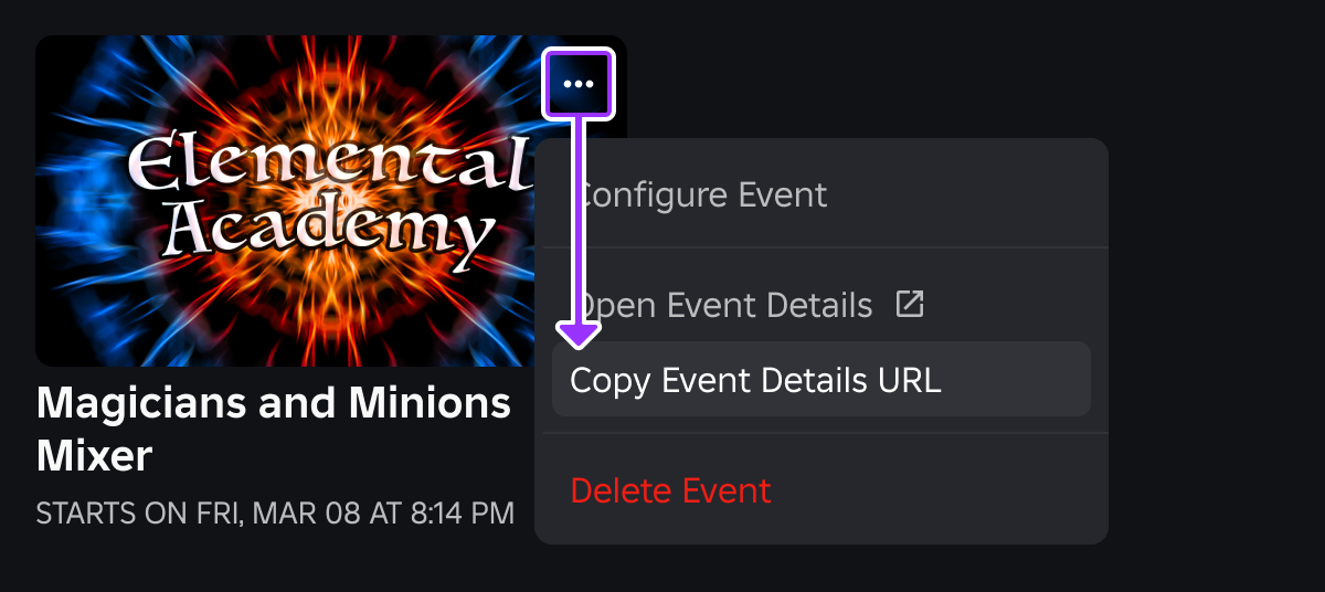 Event's right-click context menu indicating the selection of Copy Event Details URL