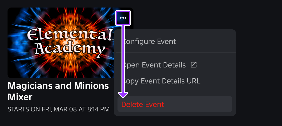 Event's right-click context menu indicating the selection of Delete Event