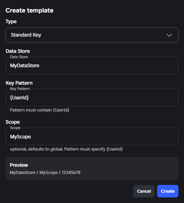Create template dialog with Type, Data Store, Key Pattern, and Scope fields, and a preview of the resulting data store path.