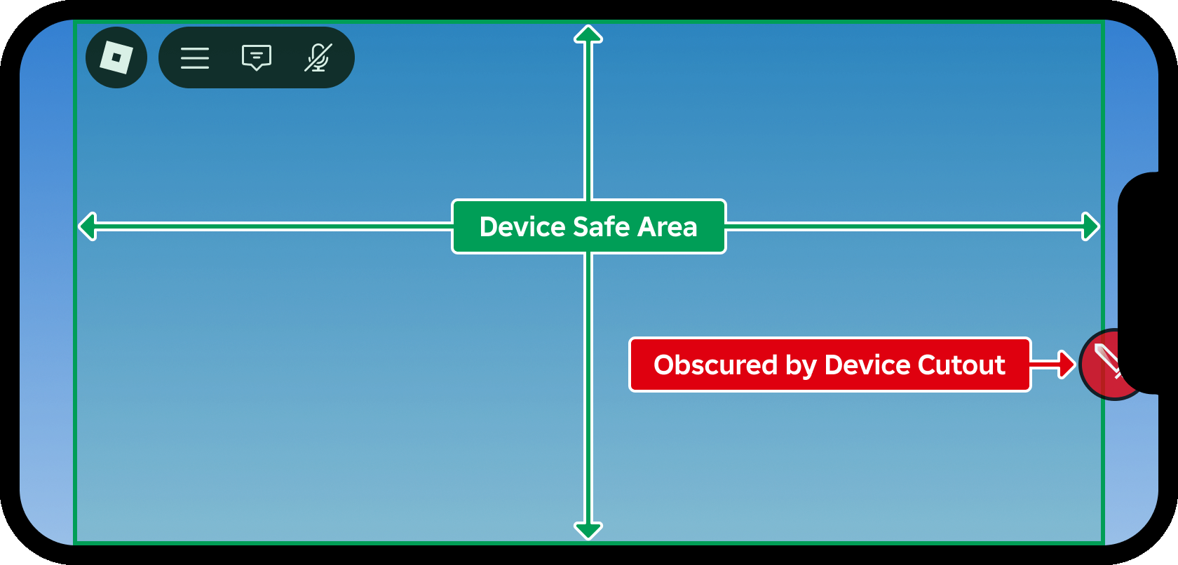 Mobile device showing UI button overflowing device safe
area, obscured by screen camera notch