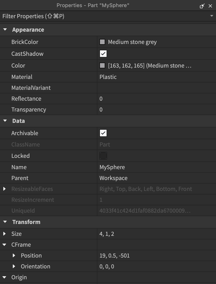 An example Roblox part in the Properties window.
