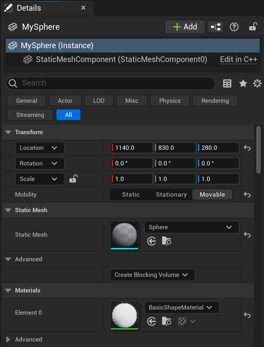 An example Unreal actor in the Details panel.
