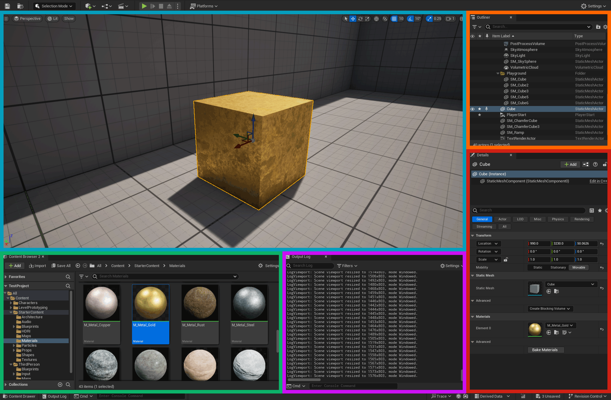 The Unreal Editor user interface with markup to show the various windows and panels.