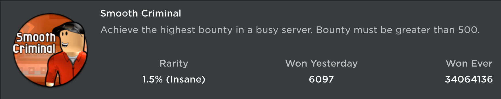 A close up view of an achievement badge for the Jailbreak game that awards players who achieve the highest bounty in a busy server. The badge on the left-hand side displays a lightskinned blocky male avatar turned to his right to look at text that says Smooth Criminal.