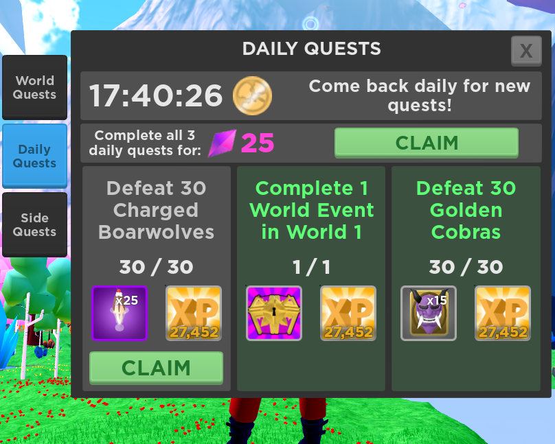 A pop-up UI in the World // Zero game that displays various daily quests for players along with the awards they can earn.