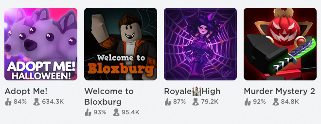 A close up view of the Discover page with various game tiles that are themed for Halloween to inspire player engagement for the season.