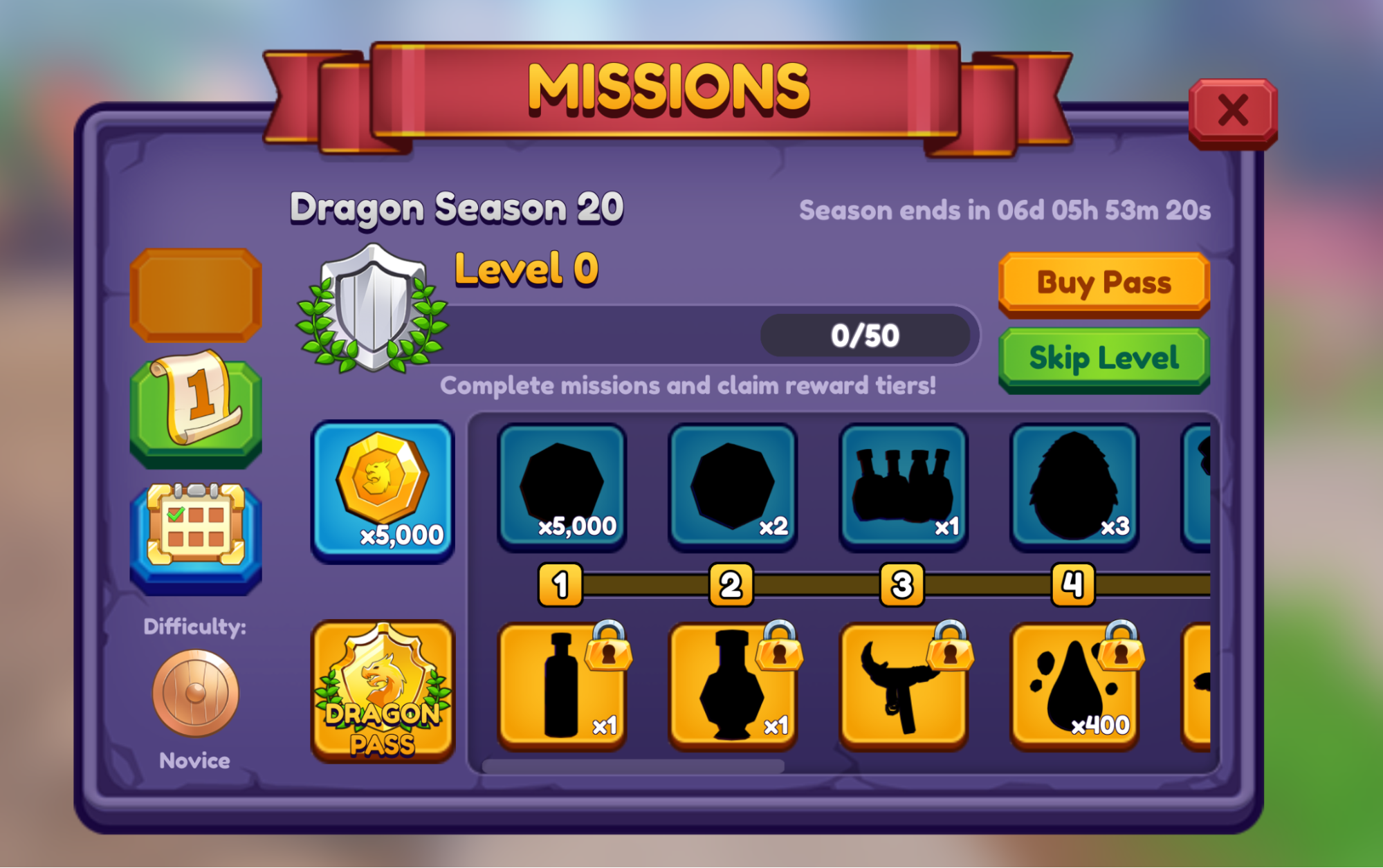 Missions UI in the Dragon Adventures game that displays two rows of tiles to inform players what they need to do in for different reward tiers to obtain rewards for either the base gameplay or with a season pass.
