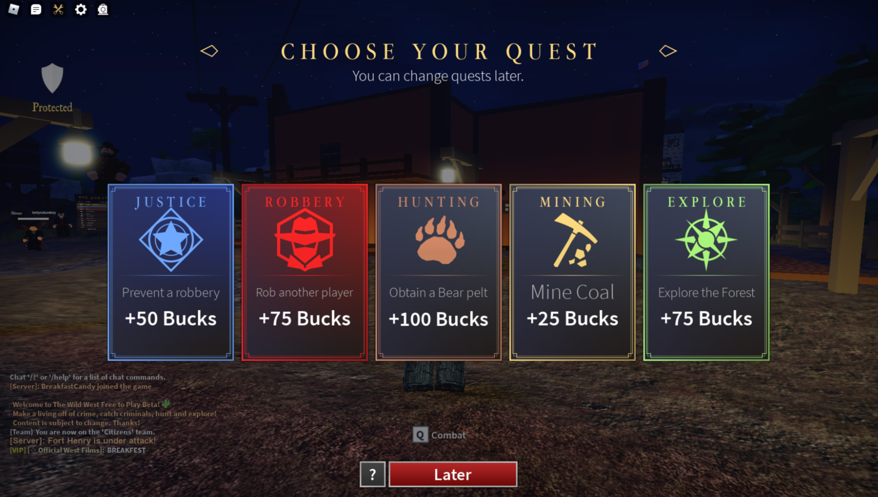 Quest UI in The Wild West game that displays tiles in various colors to inform players what they need to do for each tile's quest to obtain a reward.