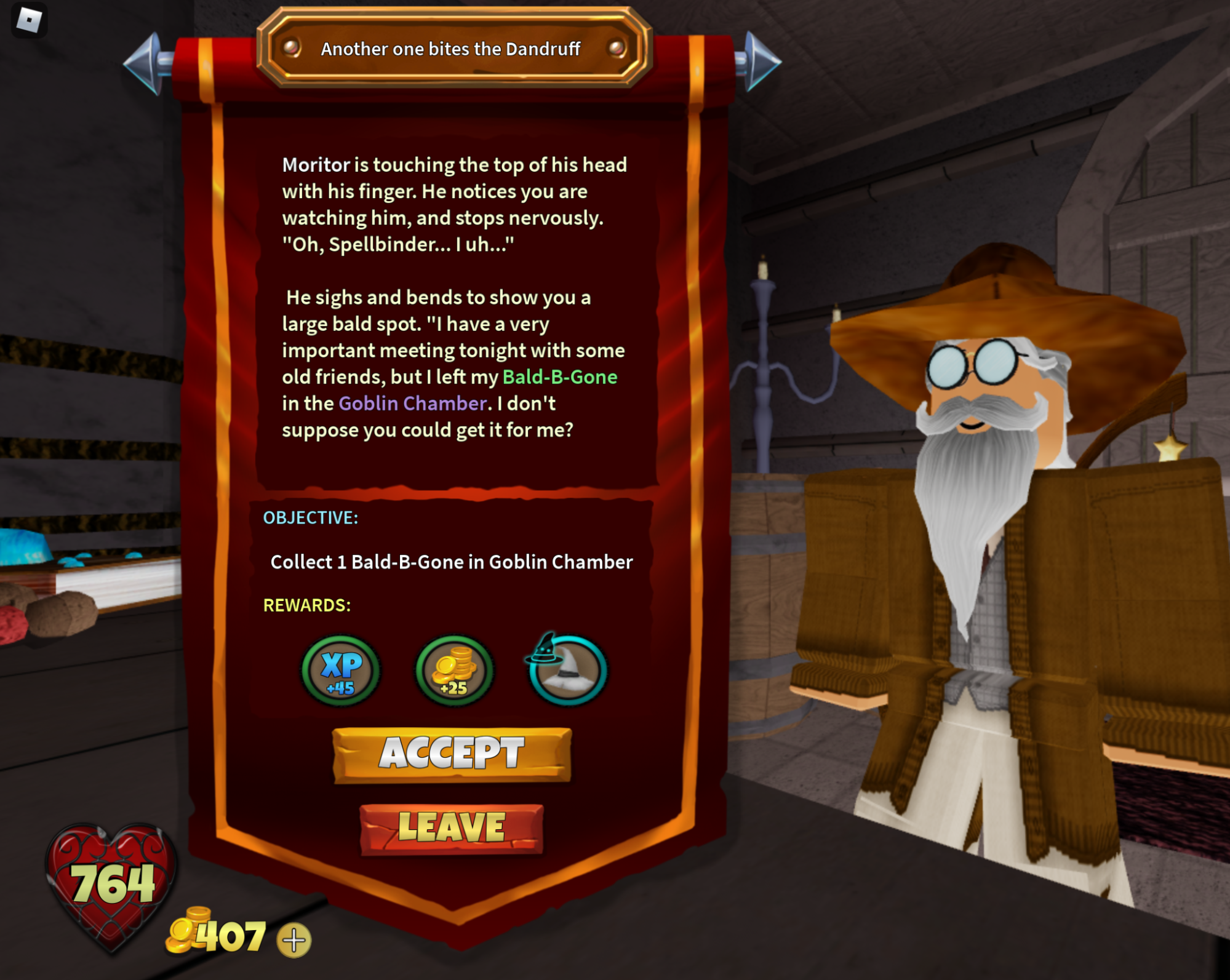 Quest UI in the form of a red scroll that displays both narrative from the blocky male character to the right of the scroll, as well as an objective prompt and rewards players will earn if they complete the quest.