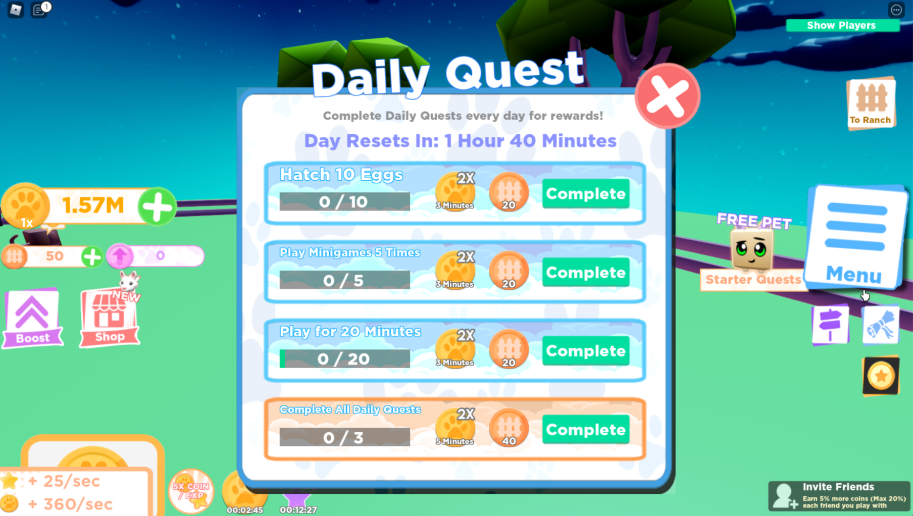 A pop-up UI in the Pet Simulator X! game that displays tiles in a top-down list to inform players what they need to do for each tile's quest to obtain a reward.