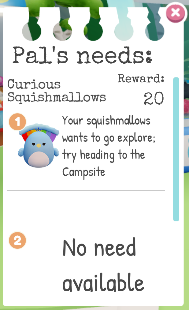 A pop-up UI in the Squishmallows game that informs players what they need to do in a quest to obtain a reward.
