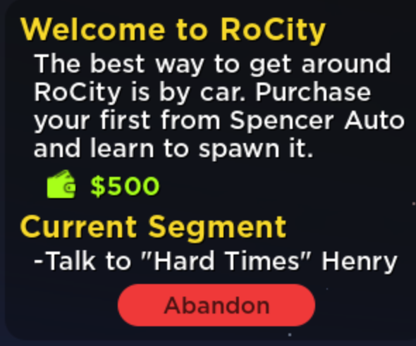 A pop-up UI in the RoCitizens game that informs players what they need to do in a tutorial quest to obtain a reward.