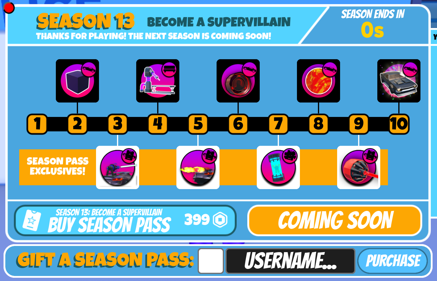 A pop-up UI in the Jailbreak game that displays various items a player can earn if they play through a season. The season pass exclusive items are marked with a bright color to attract attention.