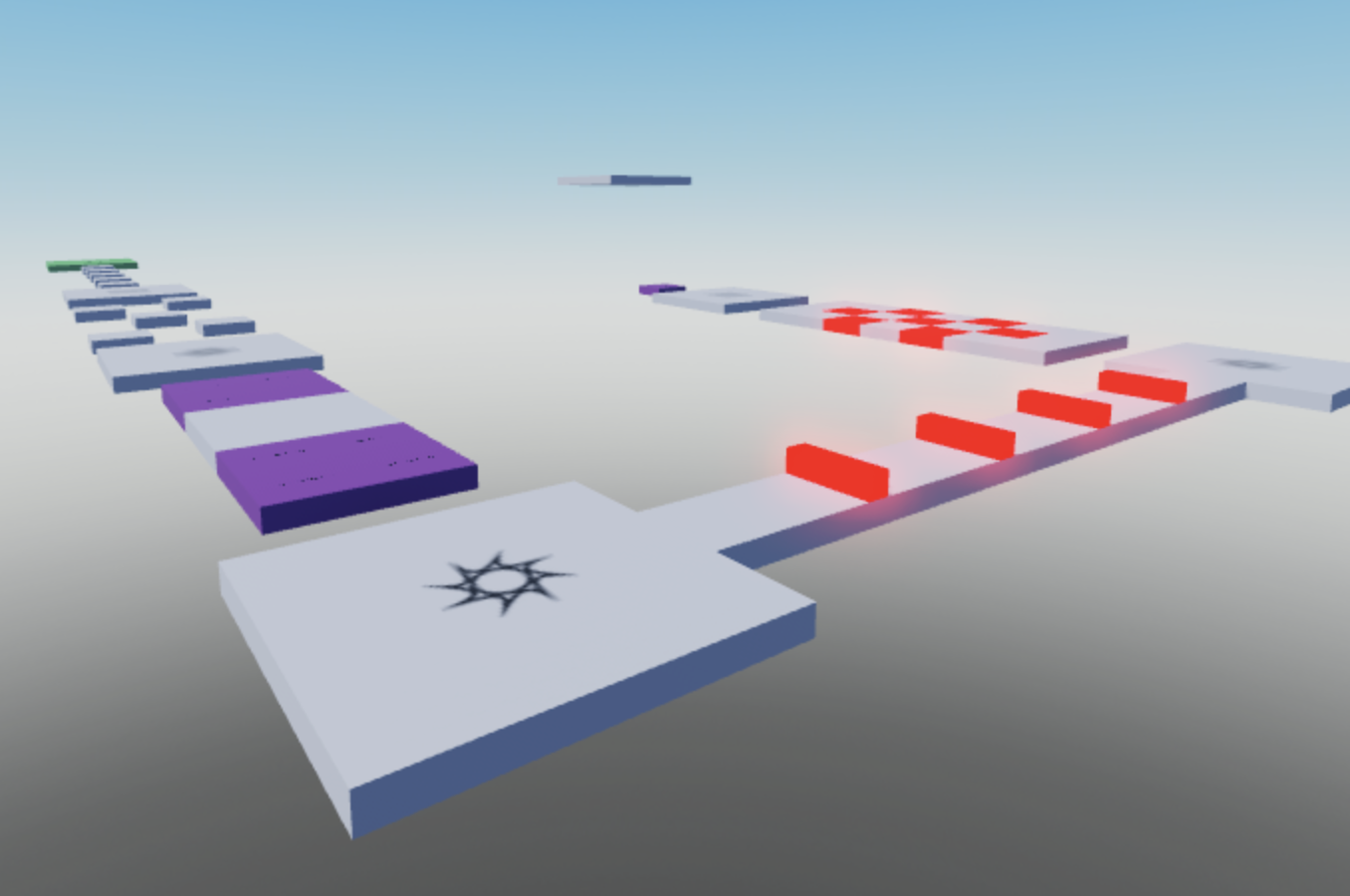 An example greybox obby course with various gray, purple, and red parts above an open space without a baseplate.