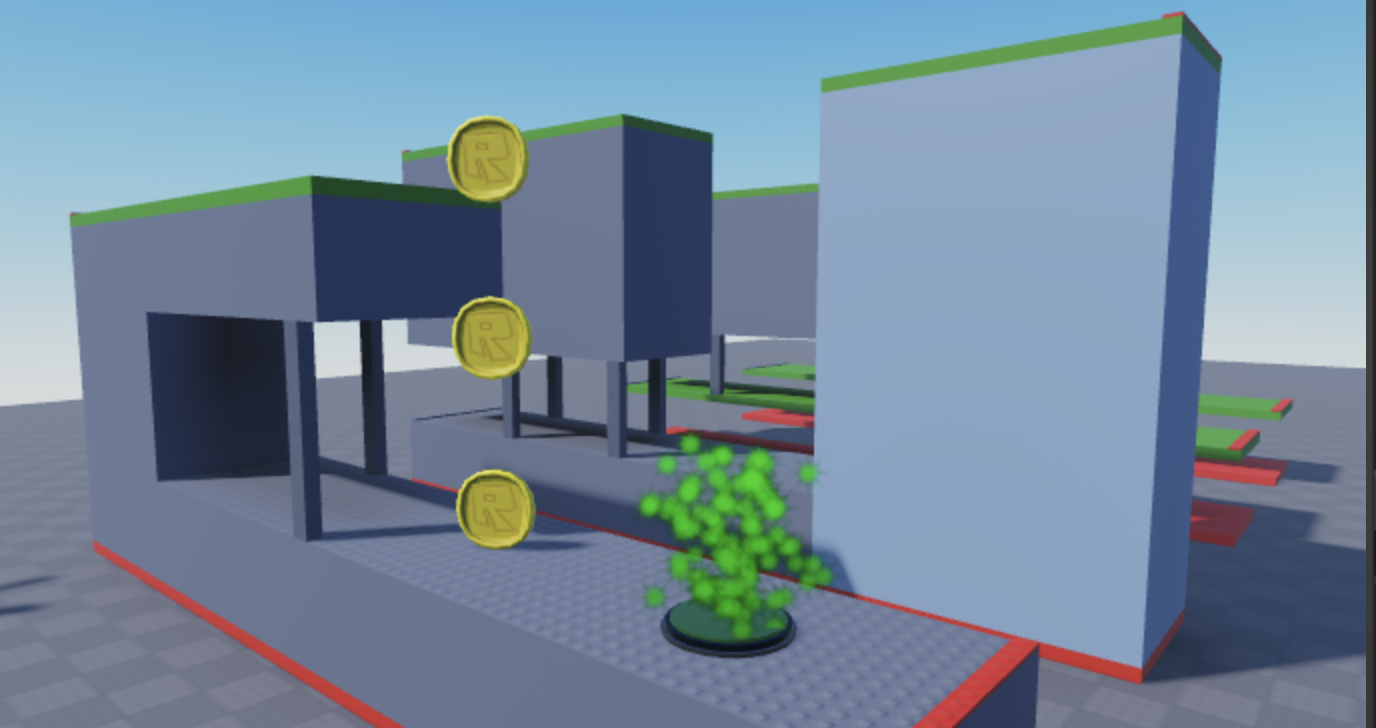 An example greybox obby course with parts of various textures, yellow Roblox coins, and a particle emitter emitting light green particles.