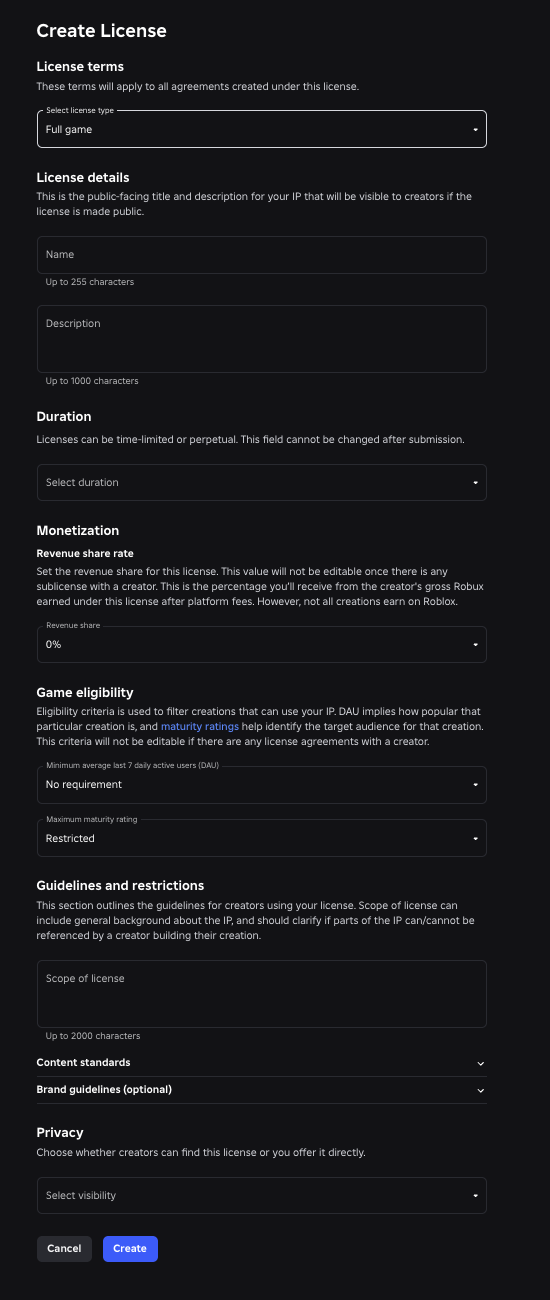 Create License form with Full game selected as the license type
