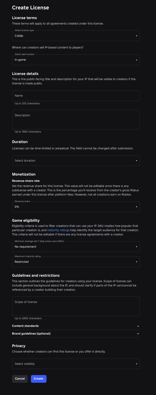 Create License form with Collab selected as the license type and In-game selected as the sale location