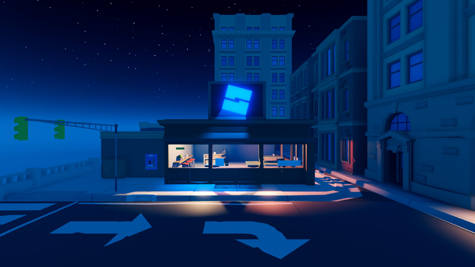 A far out view of a diner bulding in the middle of a nighttime city. The diner is utilizing several local light sources.
