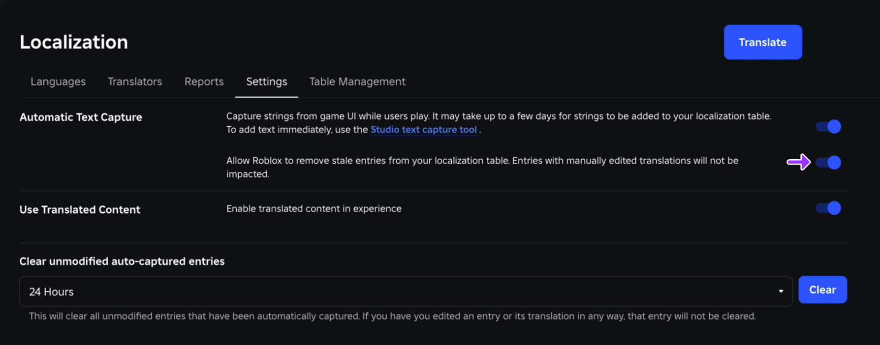 The Localization Settings section highlighting the toggle for enabling Roblox to remove stale entries.