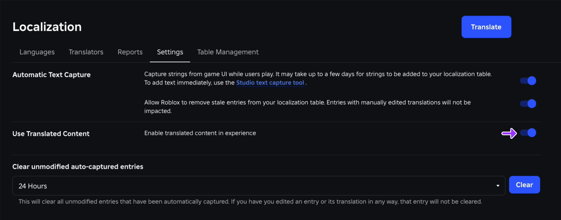 The Localization Settings section highlighting the toggle for enabling Roblox to use translated content in the game.