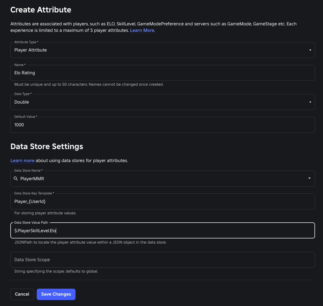 The attribute characteristics and data store settings for the creation of a player attribute.
