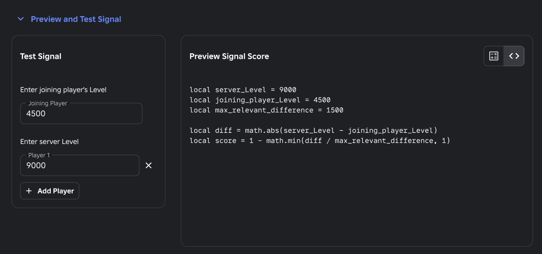 A preview of the signal score in Preview and Test Signal.