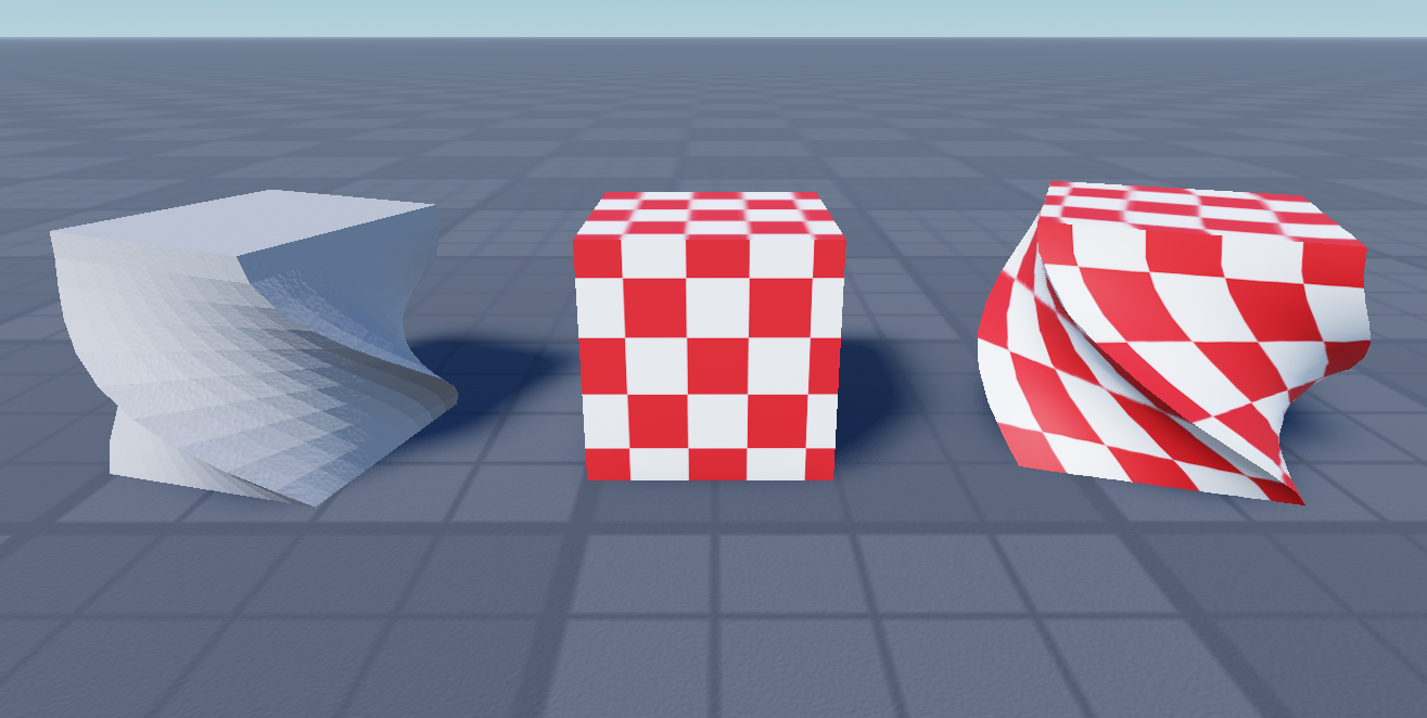 A grey twisted target, a red-and-white checker cube, and the checker cube reshaped to match the twisted target, in Studio.