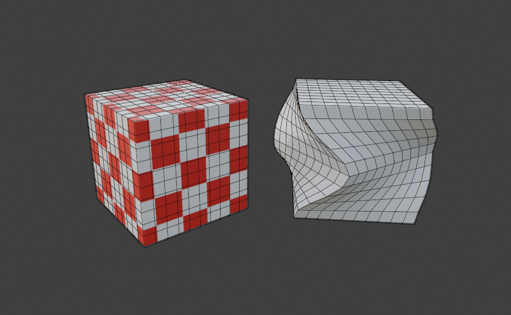 A checker-textured cube render mesh in Blender beside a wireframe copy that a cage has reshaped into a twist.