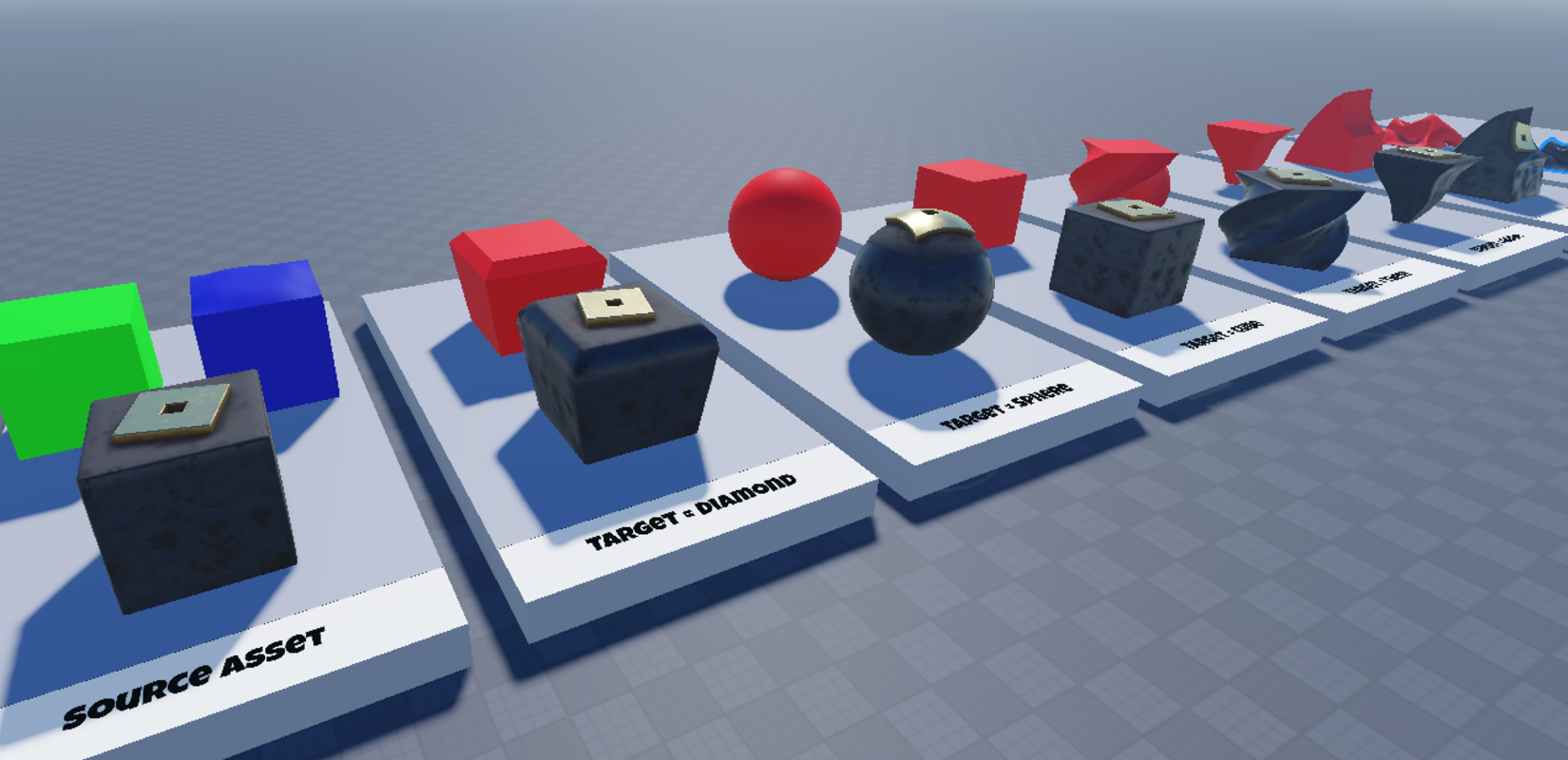 A single source cube asset deformed onto several different target shapes — a diamond, a sphere, a cube, and twisted shapes — in Studio.