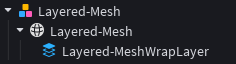 The Studio Explorer showing a Layered-Mesh model with a Layered-Mesh MeshPart and a child WrapLayer object.