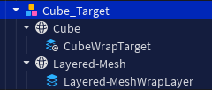 The Studio Explorer showing the target and layered MeshParts grouped in one Model.
