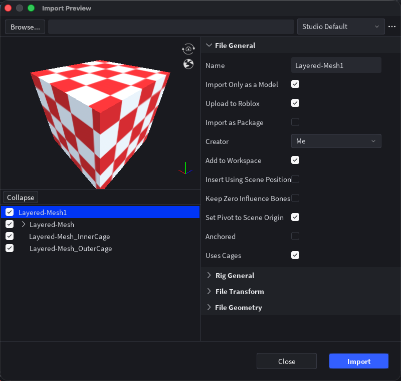 The 3D Importer preview showing the layered mesh with its inner and outer cages detected and Uses Cages enabled.