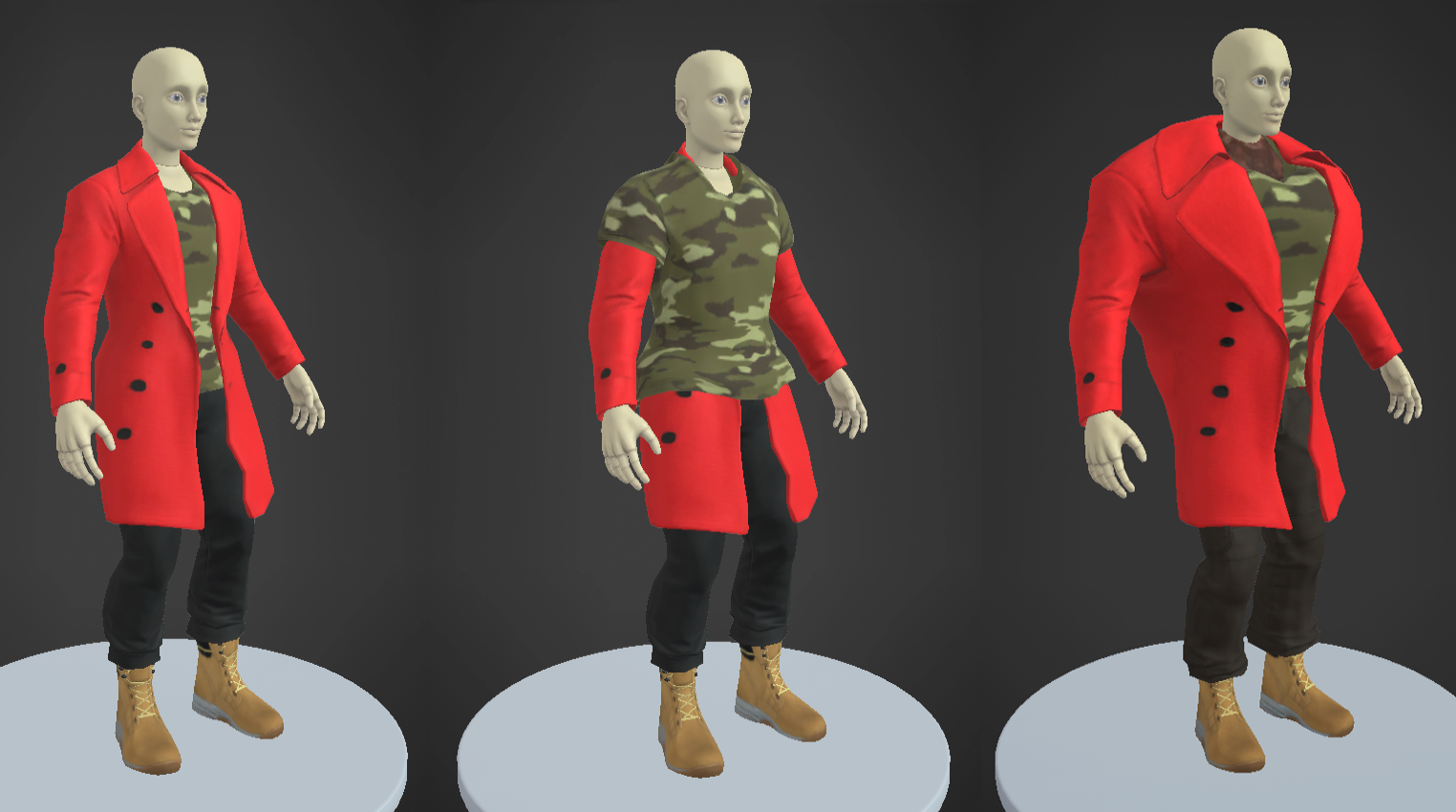 An avatar wearing a layered red coat over a camo shirt, shown fitting across different body shapes.