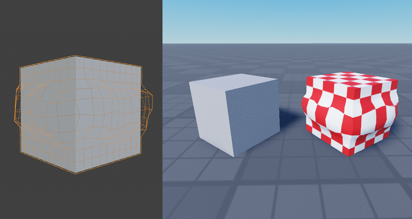 A mesh's outer cage in Blender beside a plain cube and a checker mesh whose volume the cage has reshaped in Studio.