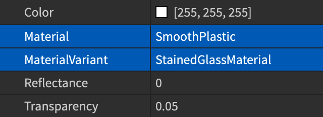 Material and MaterialVariant properties set in the Properties window.