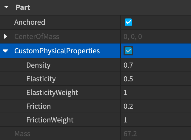 CustomPhysicalProperties enabled in a part's properties