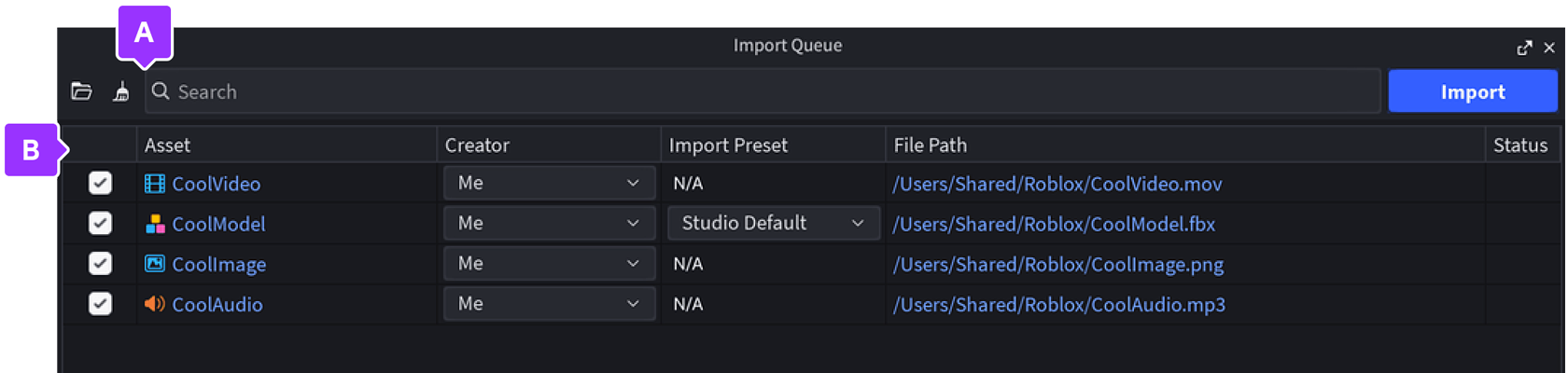 The Importer interface, showing a preview of the mesh in the top left, a list of 3D objects on the bottom left, and a list of toggle-able properties on the right side.