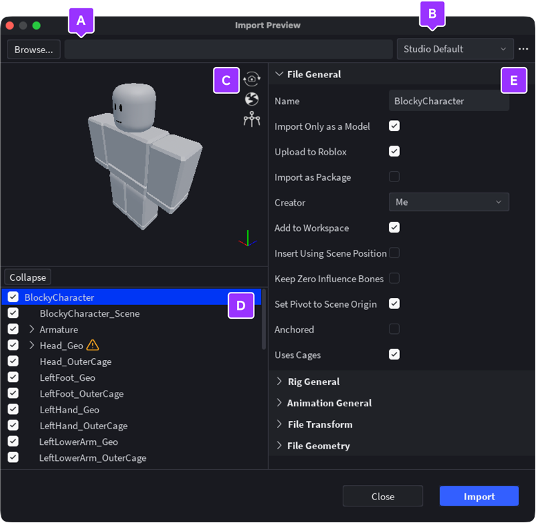The Importer interface, showing a preview of the mesh in the top left, a list of 3D objects on the bottom left, and a list of toggle-able properties on the right side.