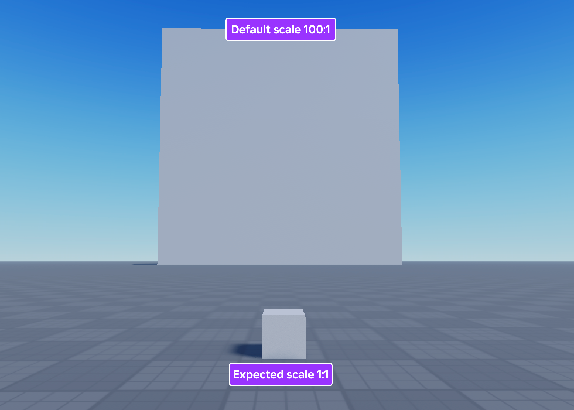 Two default Blender cubes imported in Studio with different scales.