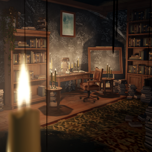 A cluttered interior room with a candle in the forefront and spooky interior lighting from the Mystery of Duvall Drive game