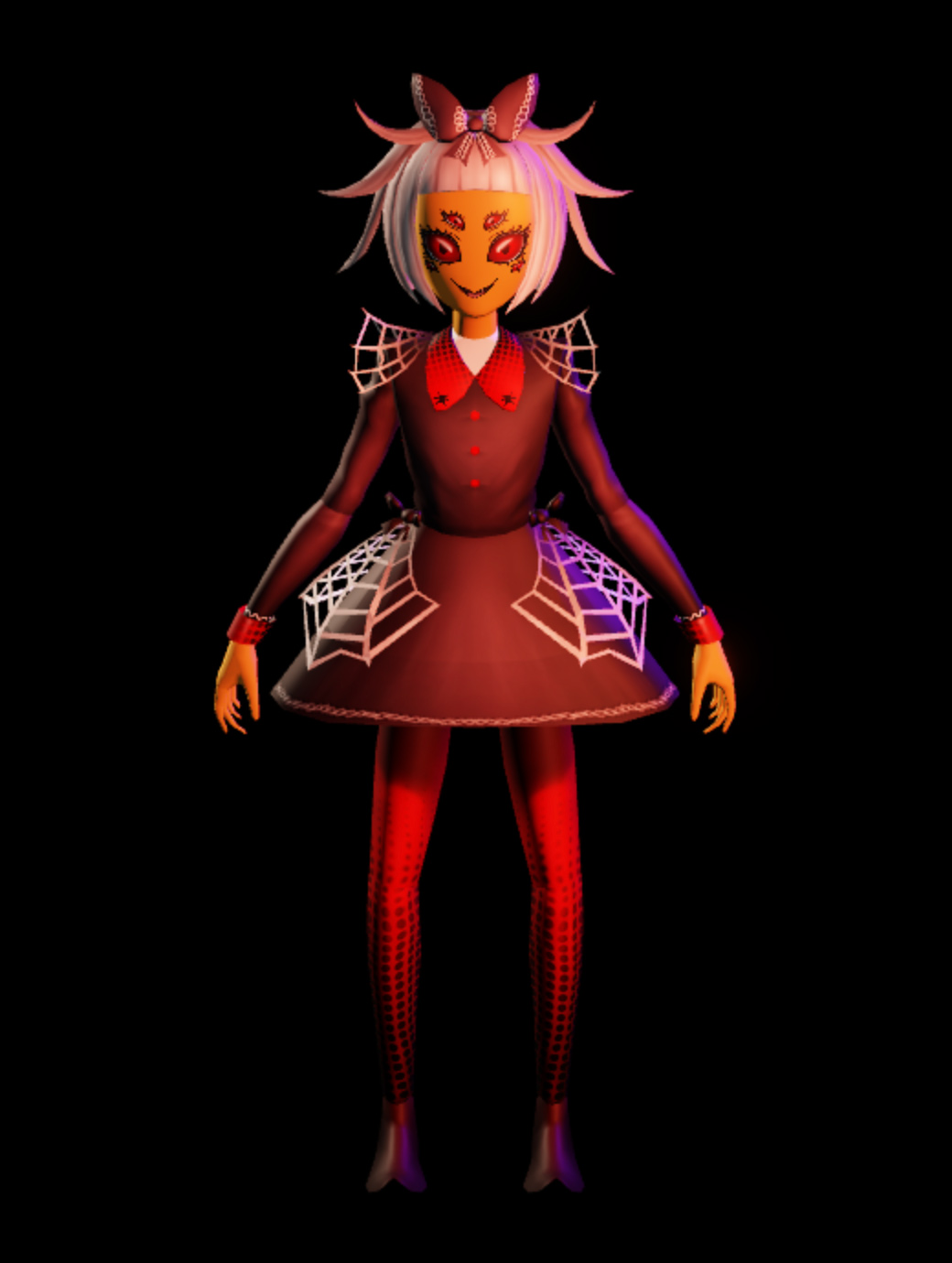 A humanoid model of a creepy girl with four red eyes standing in an A pose. She wears a maroon dress with webs and bright red stockings.