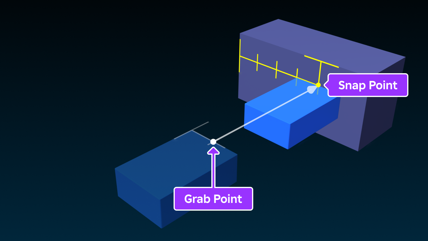 A block part showing the grab point and snapping ruler on a neighboring part.