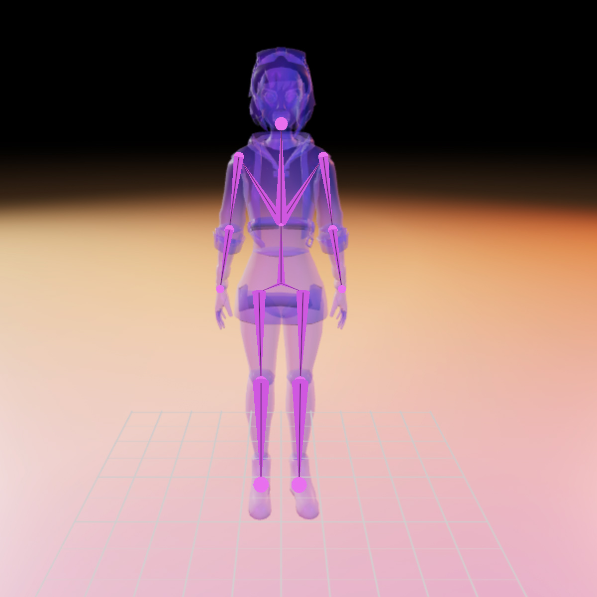 A translucent humanoid outline, showing 15 pink bones objects over various limbs.