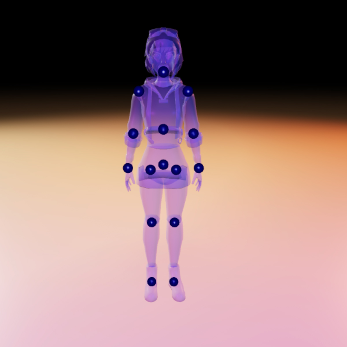 A translucent humanoid outline, showing various sphere points where the constraints exist.