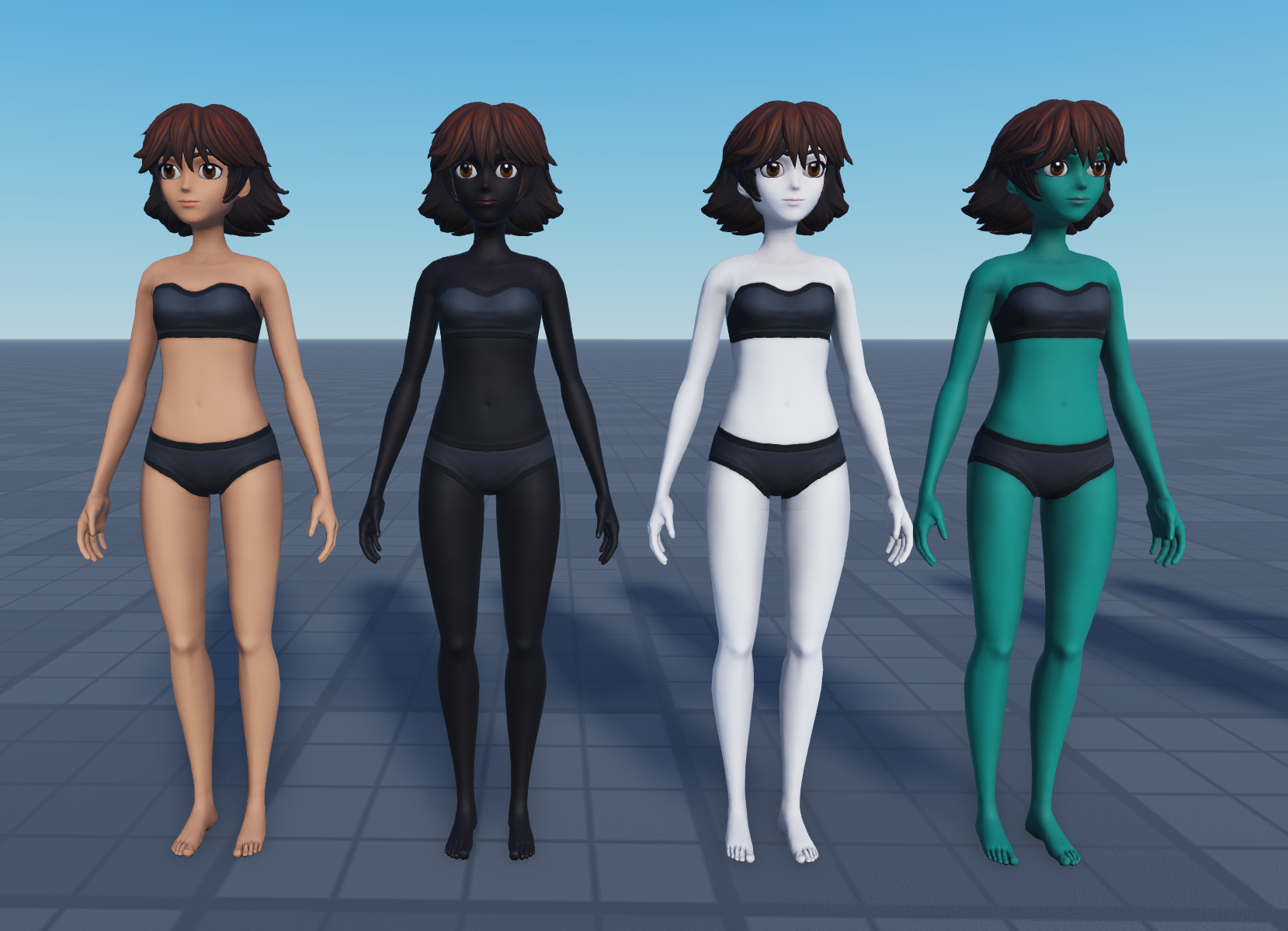 Four of the same humanoid models with different skin tones: light brown, black, white, dark green.