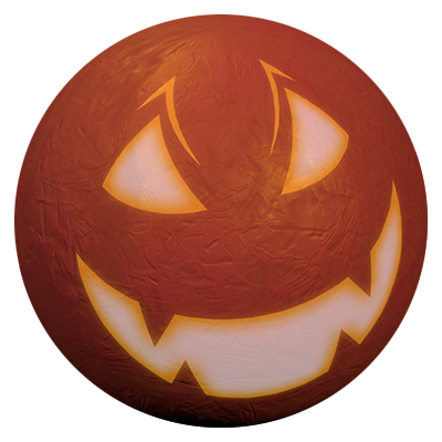 An orange sphere with a jack-o-lantern emissive mask at 50% strength.