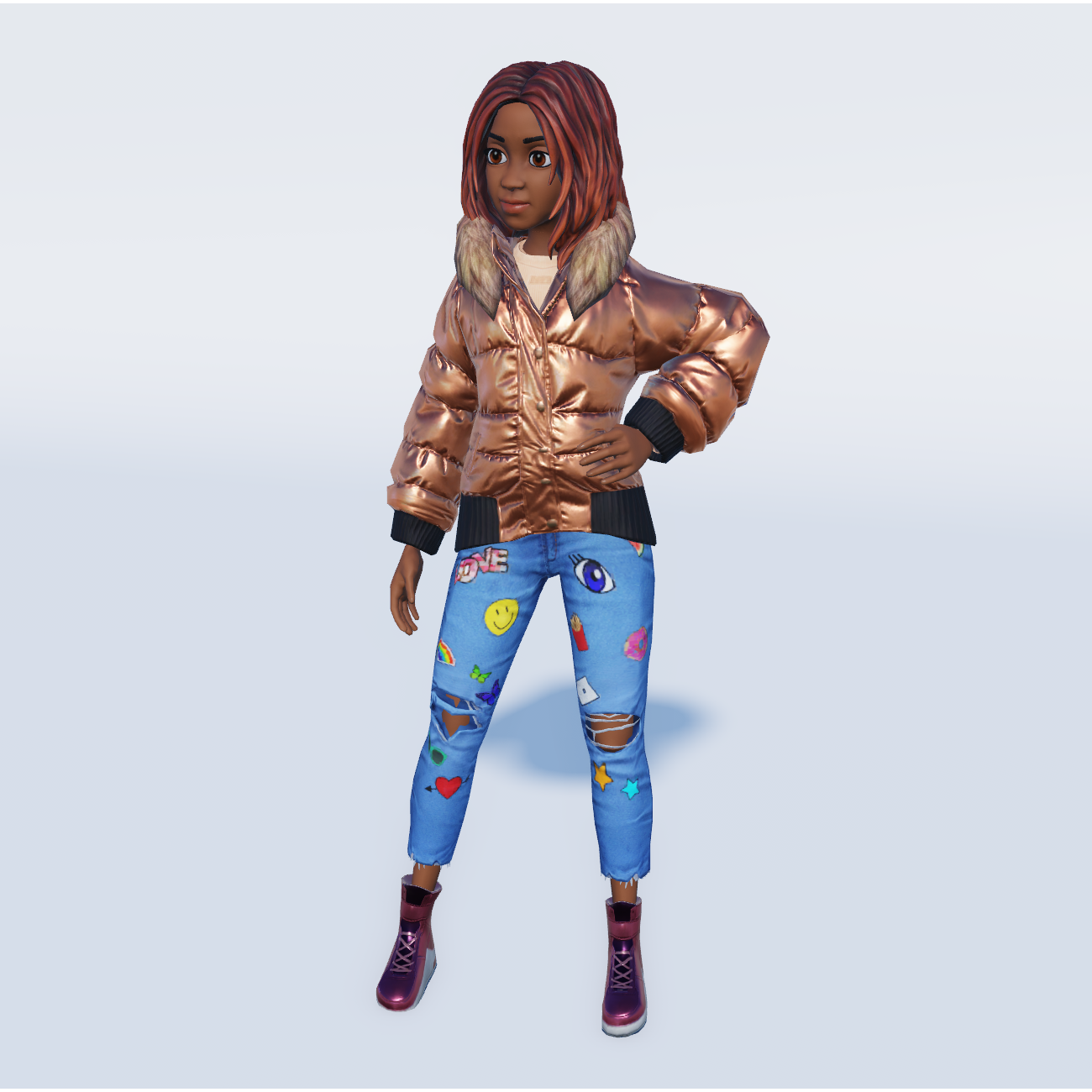A Roblox avatar wearing a glossy puffy jacket and jeans