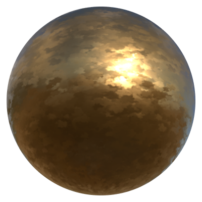 A brown sphere with moderate splotches and lots of reflectiveness.